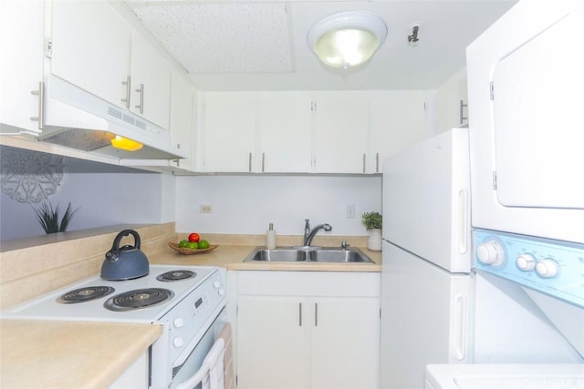 kitchen with white cabinets, white appliances, and sink