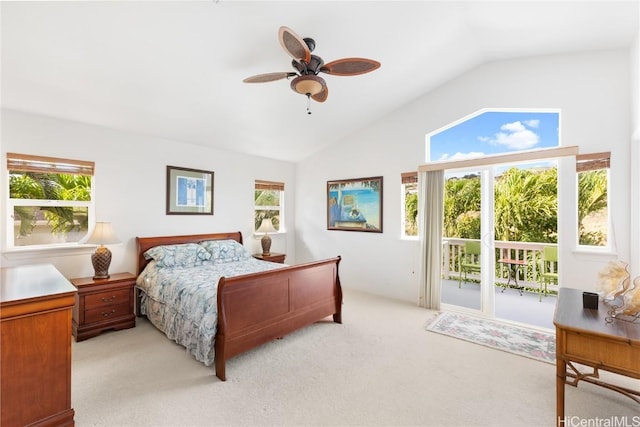 carpeted bedroom featuring access to exterior, multiple windows, ceiling fan, and lofted ceiling