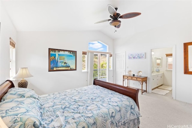 bedroom featuring light carpet, access to outside, ceiling fan, high vaulted ceiling, and connected bathroom