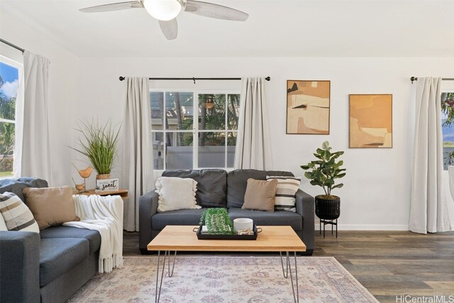 living room featuring hardwood / wood-style flooring and ceiling fan