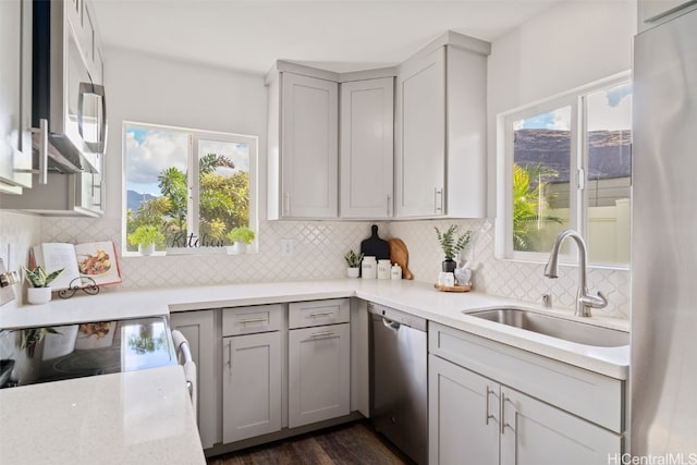 kitchen with appliances with stainless steel finishes, sink, gray cabinetry, and decorative backsplash