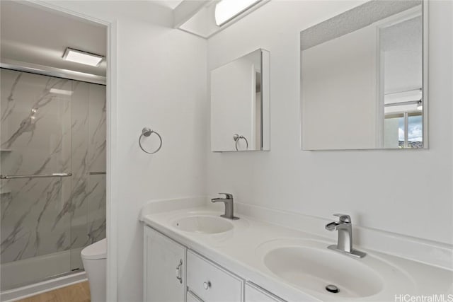 bathroom with vanity, toilet, and a shower with shower door