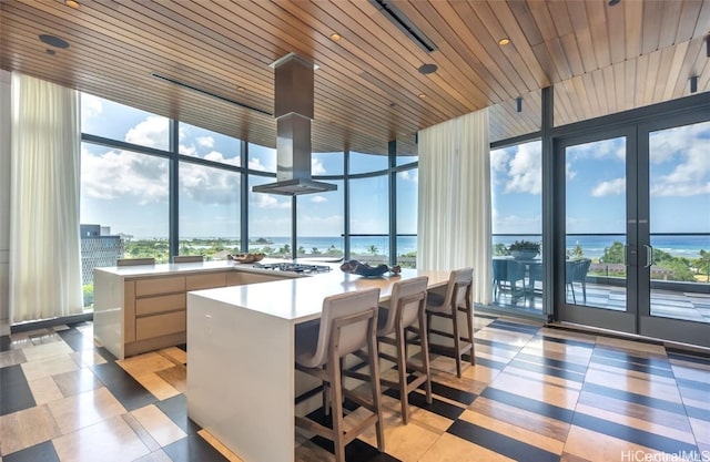 sunroom / solarium with plenty of natural light, a water view, and wooden ceiling