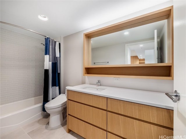 full bathroom with tile patterned floors, vanity, toilet, and shower / bathtub combination with curtain