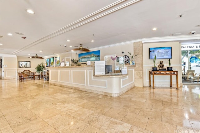 reception area featuring ceiling fan