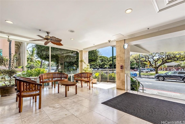 interior space featuring ceiling fan