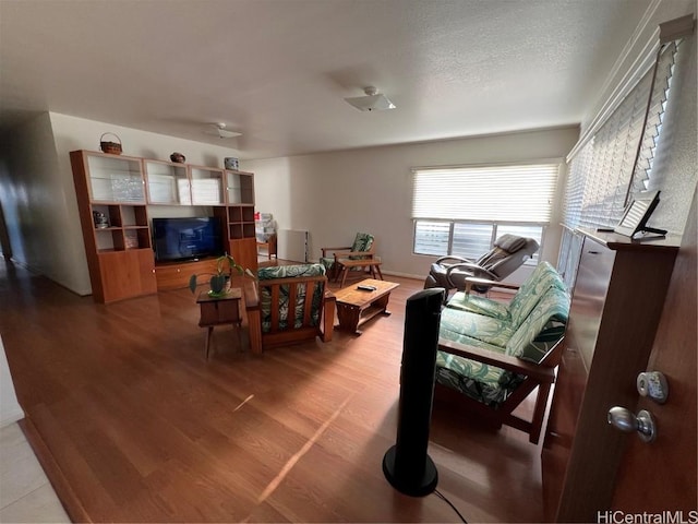 living room with wood-type flooring and a textured ceiling