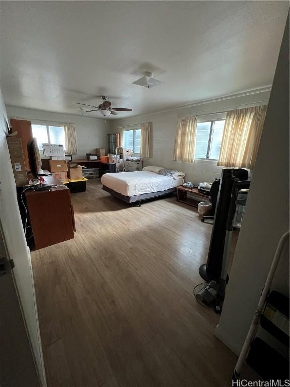 bedroom with ceiling fan, wood-type flooring, and multiple windows