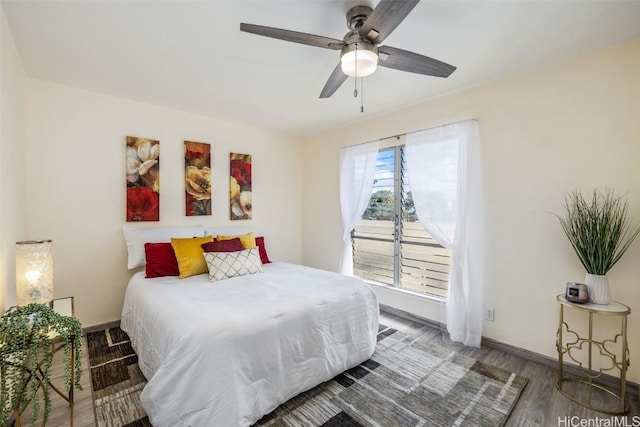 bedroom with hardwood / wood-style floors and ceiling fan