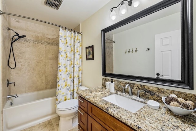 full bathroom with toilet, shower / tub combo, tile patterned floors, and vanity