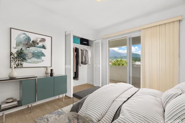 bedroom with light hardwood / wood-style floors and access to exterior