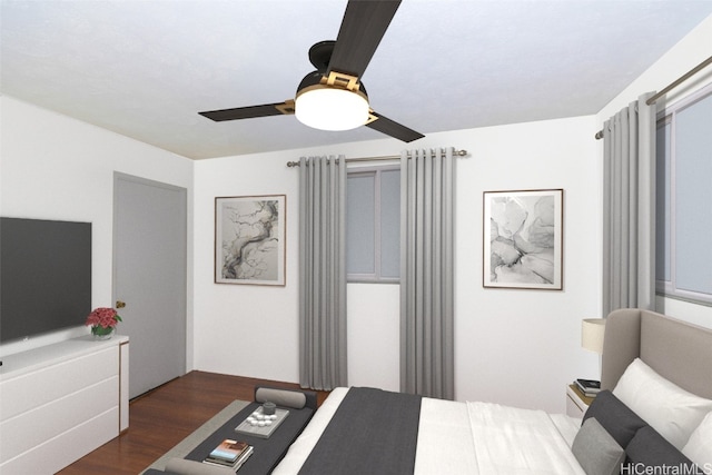 bedroom with ceiling fan and dark wood-type flooring