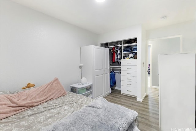 bedroom with a closet and hardwood / wood-style flooring