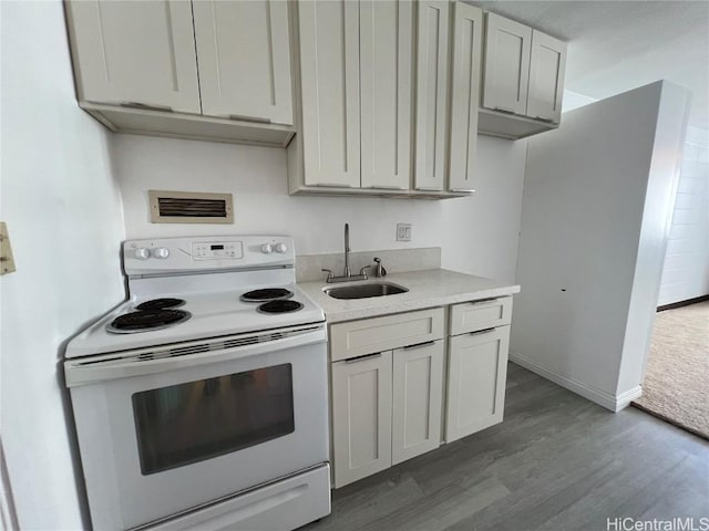 kitchen with electric stove, sink, and dark wood-type flooring