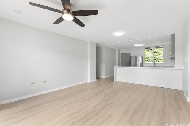 unfurnished living room with ceiling fan and light hardwood / wood-style floors