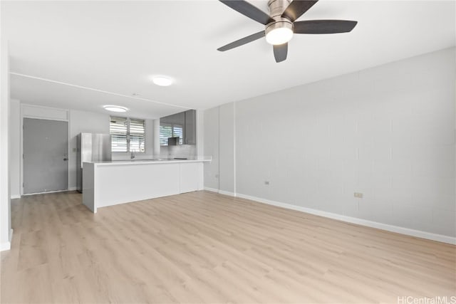 unfurnished living room with ceiling fan and light hardwood / wood-style floors