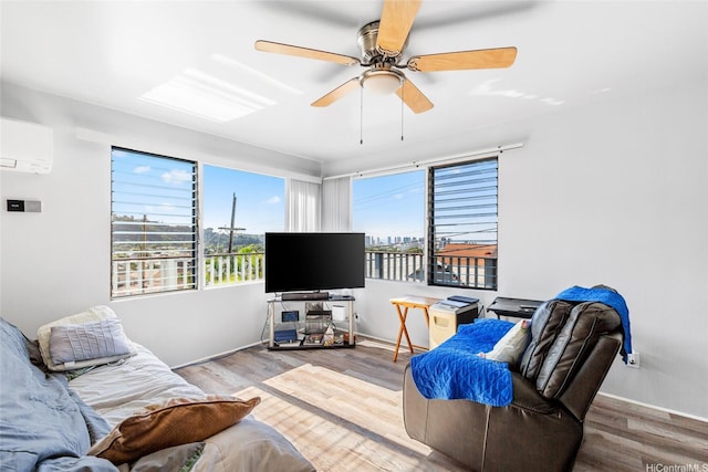 810 Puunani Pl, Honolulu, HI 96817 - living room with a wall mounted air conditioner, a ceiling fan, and wood finished floors