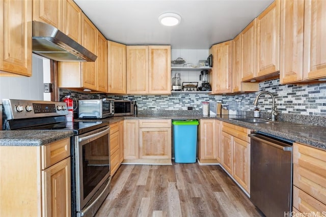 kitchen with a toaster, stainless steel appliances, light brown cabinetry, under cabinet range hood, and a sink