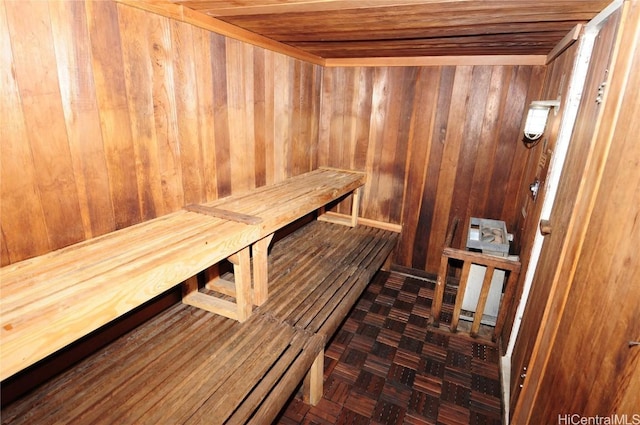 view of sauna featuring parquet floors