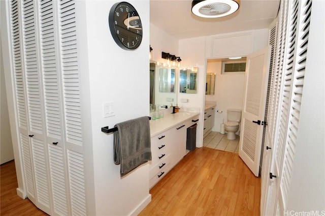 bathroom with vanity, wood-type flooring, and toilet