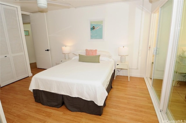 bedroom with wood-type flooring, a closet, and ceiling fan