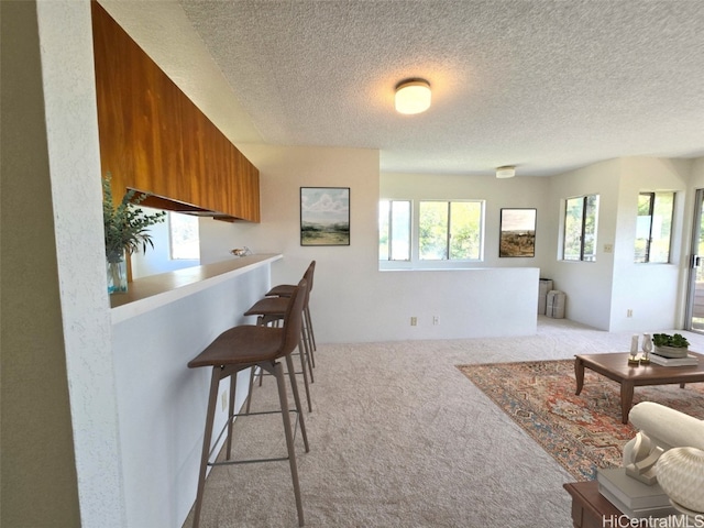 kitchen featuring a textured ceiling, light colored carpet, and kitchen peninsula