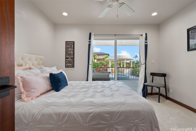 carpeted bedroom featuring ceiling fan and access to exterior