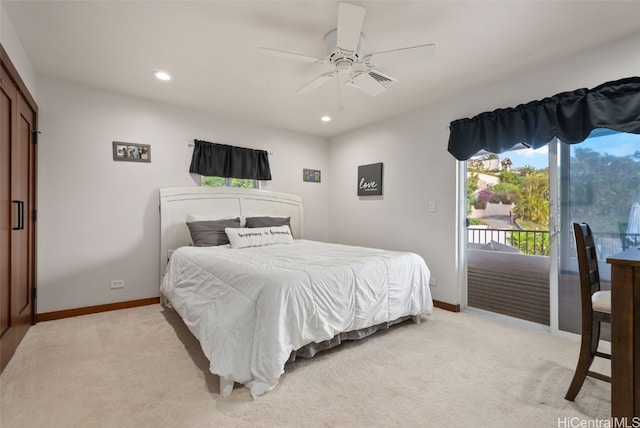 bedroom featuring light carpet, access to outside, and ceiling fan