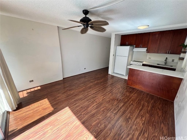 kitchen with sink, ceiling fan, dark hardwood / wood-style floors, white refrigerator, and a textured ceiling