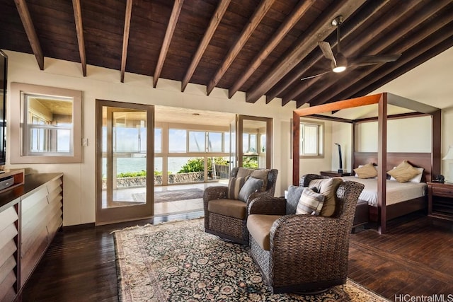 bedroom with high vaulted ceiling, access to outside, dark hardwood / wood-style floors, beam ceiling, and wood ceiling