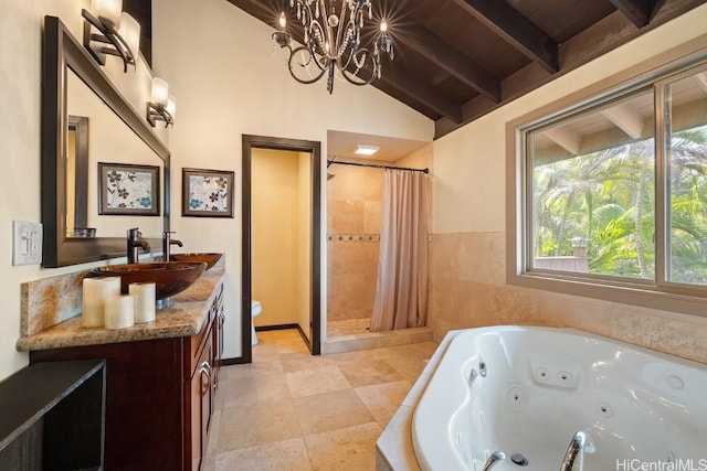 full bathroom featuring vaulted ceiling with beams, a notable chandelier, separate shower and tub, toilet, and wood ceiling