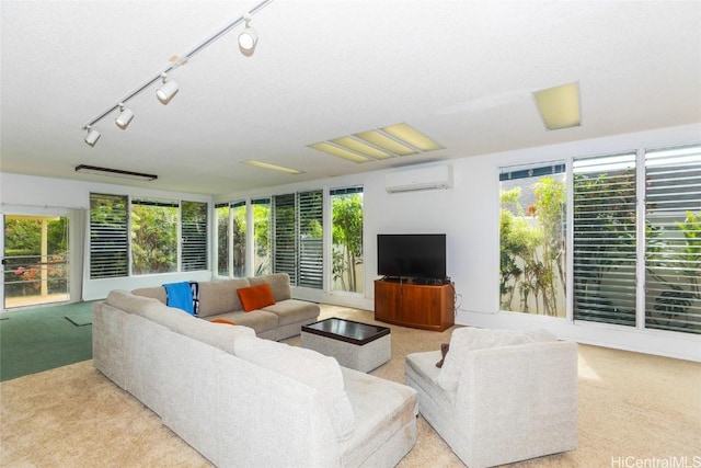 living room with a wall mounted air conditioner and light colored carpet