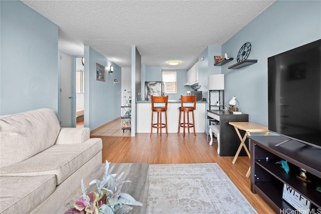 living room with a textured ceiling and light hardwood / wood-style flooring