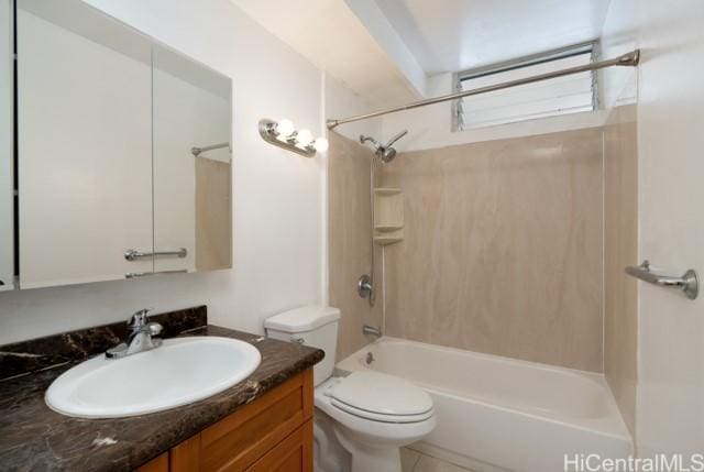 full bathroom with vanity, shower / bathtub combination, and toilet