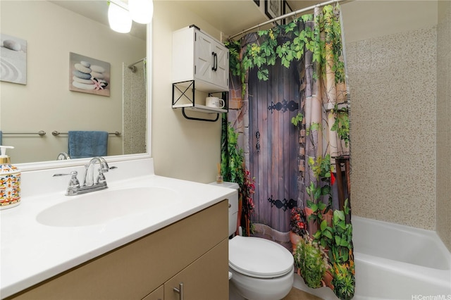 full bath featuring vanity, shower / bathtub combination with curtain, and toilet