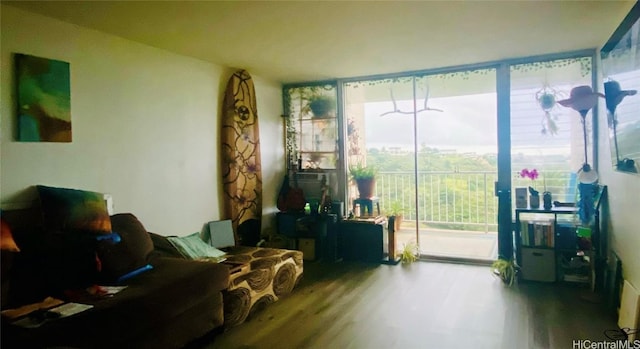 living area with floor to ceiling windows and wood finished floors