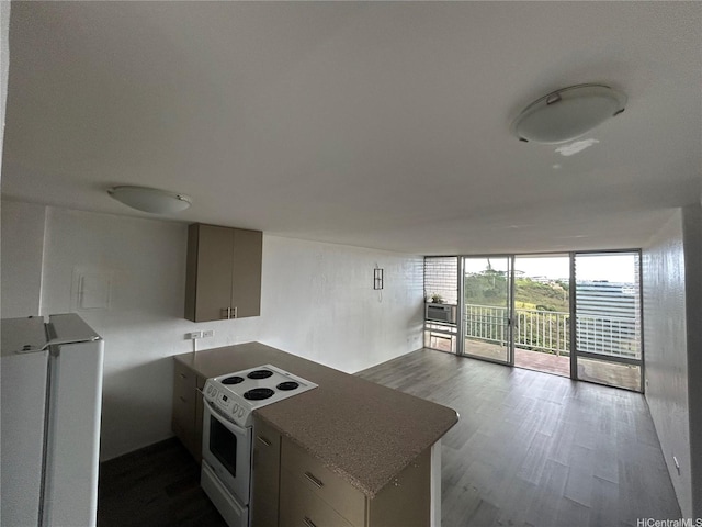 kitchen featuring a wall of windows, dark wood-style flooring, white electric stove, and a peninsula