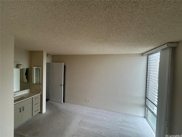 interior space with a textured ceiling and light colored carpet