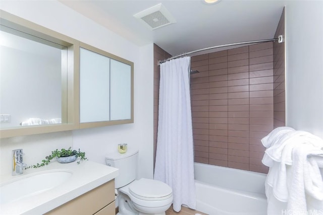 full bathroom with vanity, toilet, and shower / bathtub combination with curtain