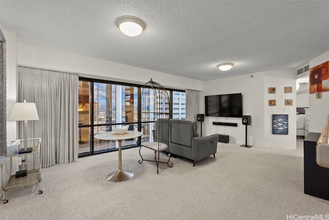 carpeted living room featuring a textured ceiling