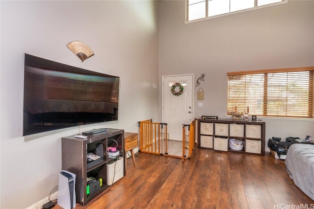 interior space with dark hardwood / wood-style floors and a high ceiling