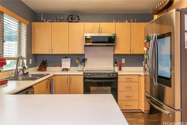 kitchen featuring appliances with stainless steel finishes, light brown cabinets, and sink