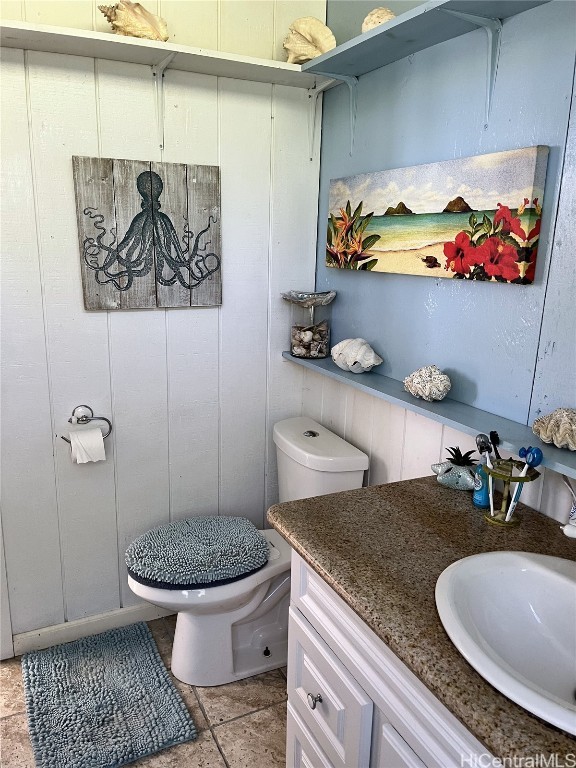 bathroom with vanity, toilet, and wooden walls