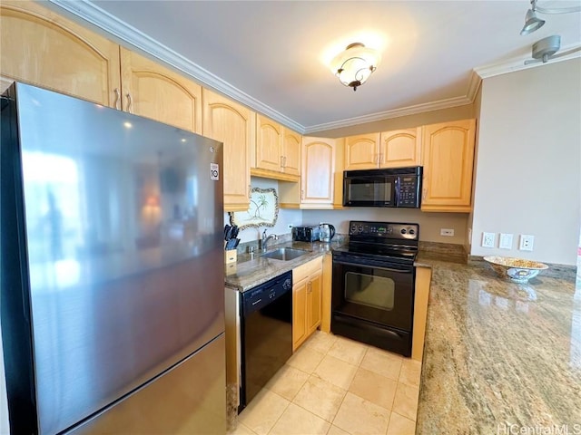 kitchen featuring black appliances, light brown cabinets, sink, light tile patterned floors, and crown molding