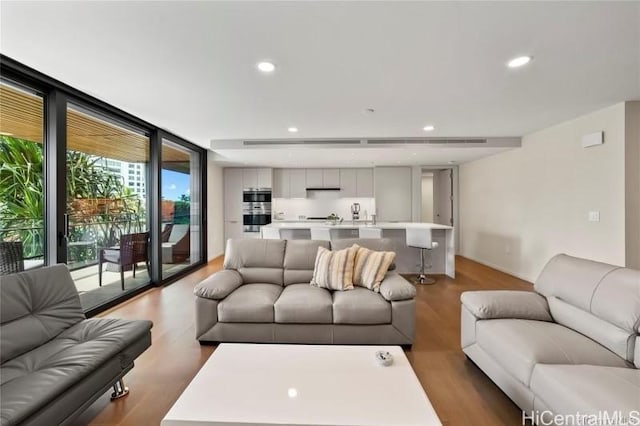 living room with hardwood / wood-style flooring and a wall of windows