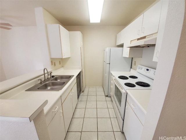 kitchen featuring light tile patterned floors, white cabinetry, ceiling fan, white electric range, and sink