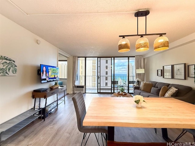 dining area with a textured ceiling, hardwood / wood-style flooring, and floor to ceiling windows