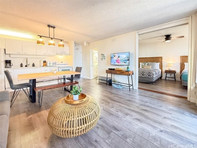 game room with ceiling fan, sink, light hardwood / wood-style floors, and a textured ceiling