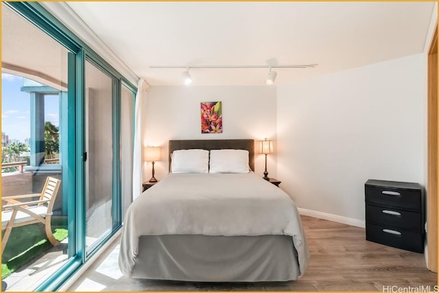 bedroom with hardwood / wood-style floors and track lighting