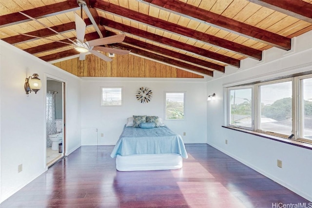 unfurnished bedroom with vaulted ceiling with beams, wooden ceiling, wood finished floors, and connected bathroom